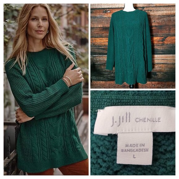 J Jill Sweater Size L Soft Chenille Cable Knit Forest Green Crew Neck Cozy - Picture 1 of 6